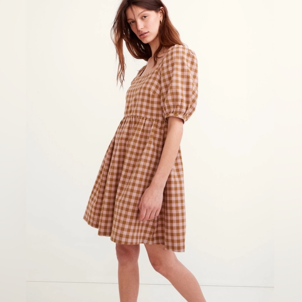 Madewell square-neck puff-sleeve dress in gingham seersucker